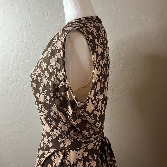 ELLEN Tracy brown and tan floral print wrap dress lined fabric belt tie size 6 - Picture 4 of 10